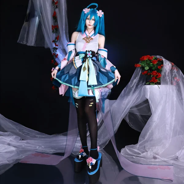 陰陽師×ミク コスプレ衣装 ウィッグ 付 日本式着物 ハロウィンパーティー衣装 - 画像 (4)