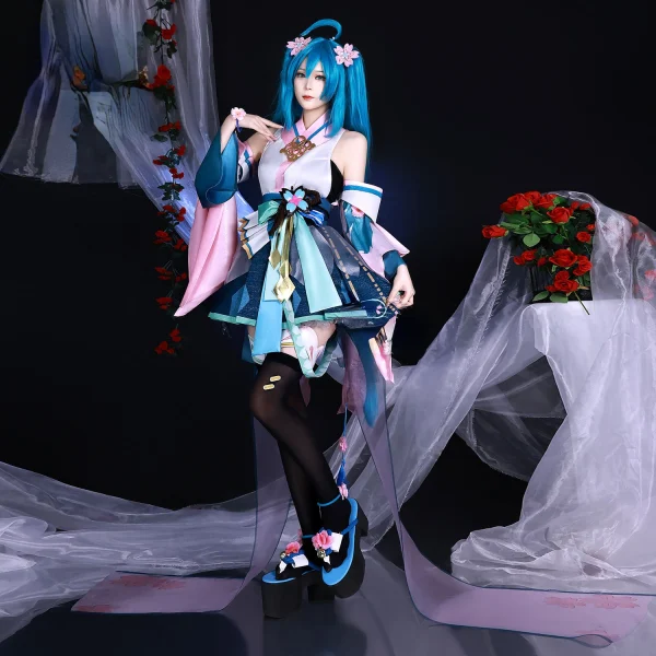 陰陽師×ミク コスプレ衣装 ウィッグ 付 日本式着物 ハロウィンパーティー衣装 - 画像 (2)