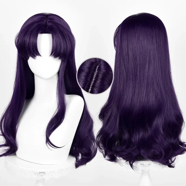 EVA カツラギ・ミサト コスプレ用 ロングウィッグ 黒紫カール 耐熱